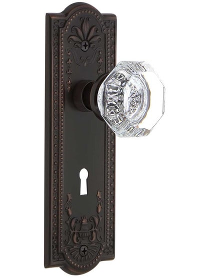 Meadows Design Mortise Lock Set With Waldorf Crystal Knobs in Timeless Bronze.
